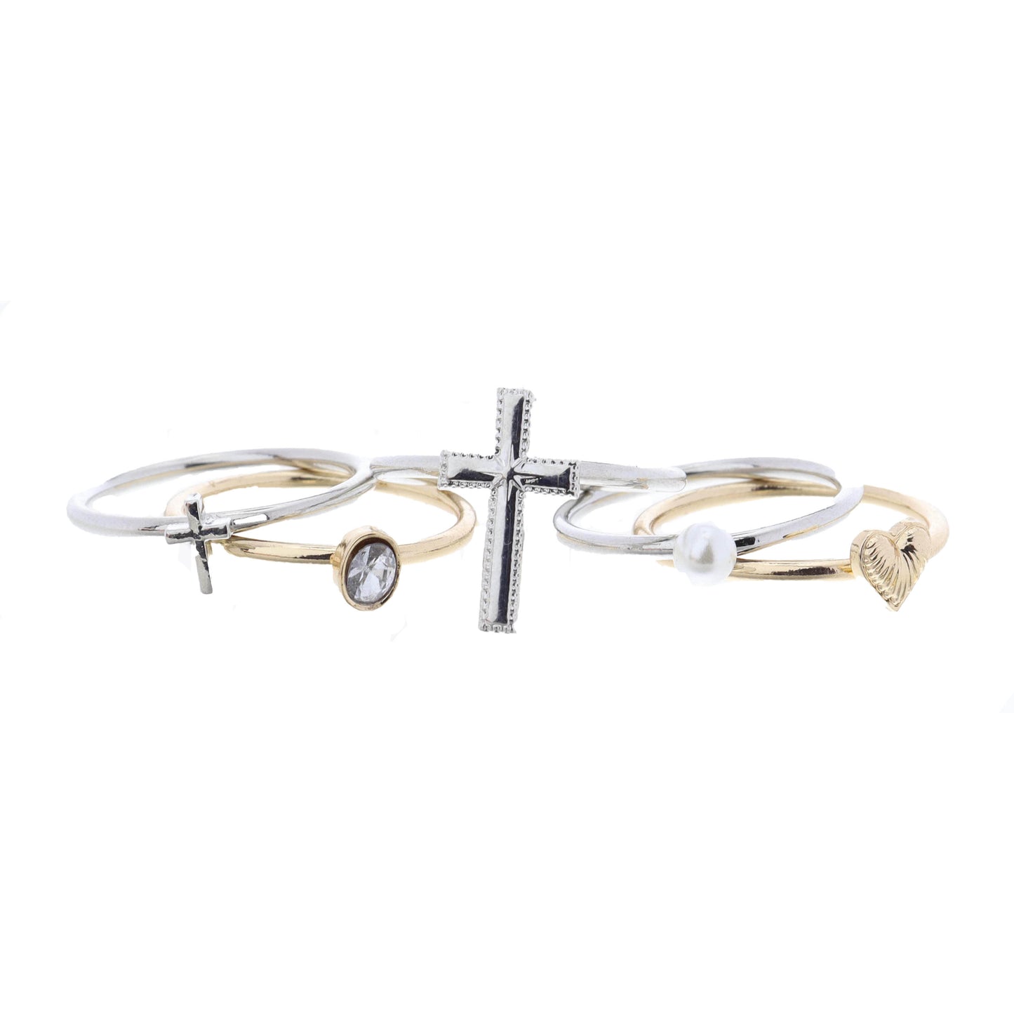 Set of 5, Silver Cross, Gold Oval Clear Crystal, Coordinating Mixed Rings