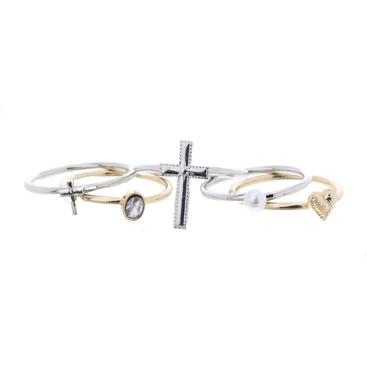 Set of 5, Silver Cross, Gold Oval Clear Crystal, Coordinating Mixed Rings