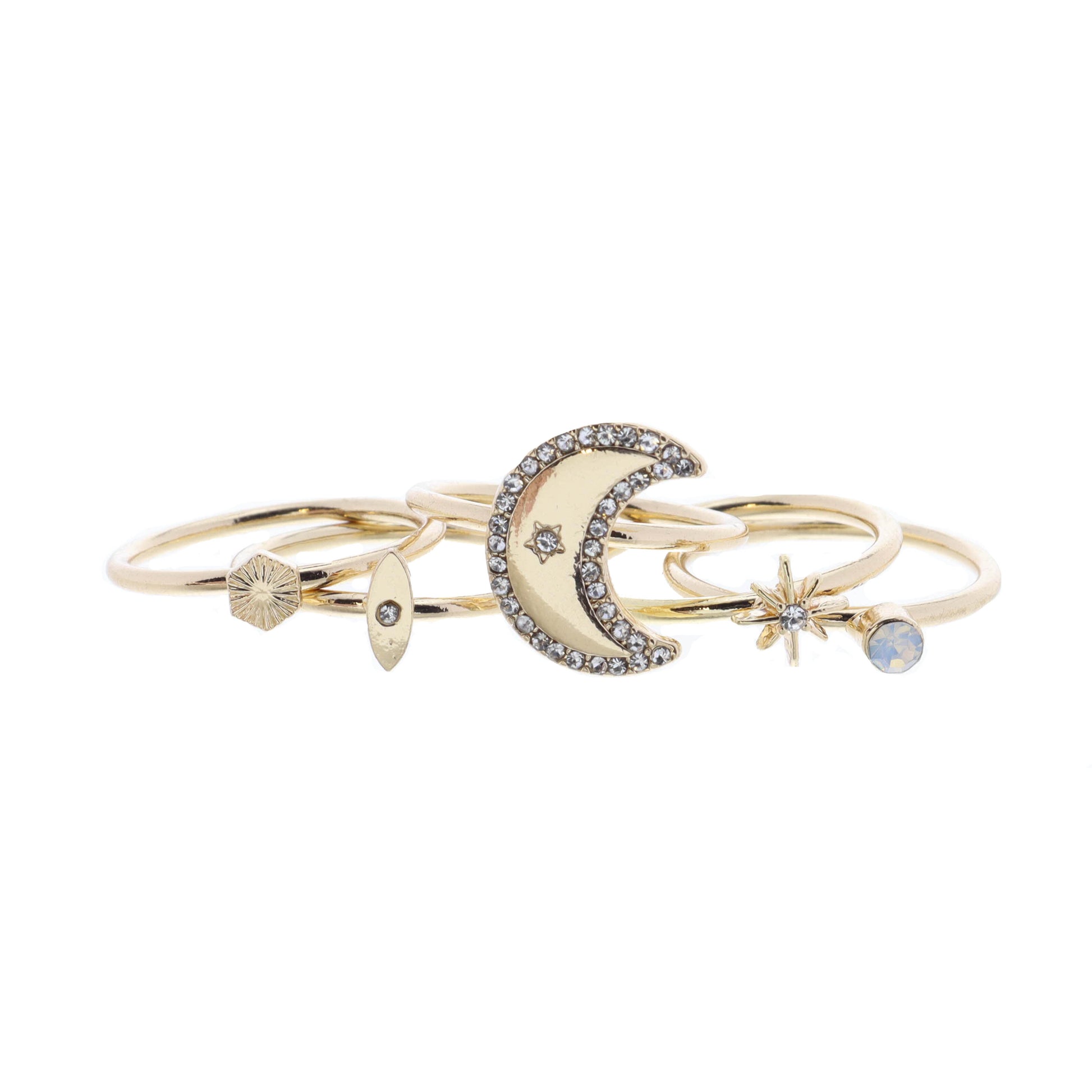 Set of 5, Crystal Crescent, Textured Hexagon, and Coordinating Gold Rings