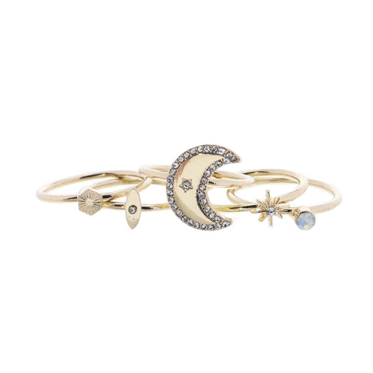 Set of 5, Crystal Crescent, Textured Hexagon, and Coordinating Gold Rings