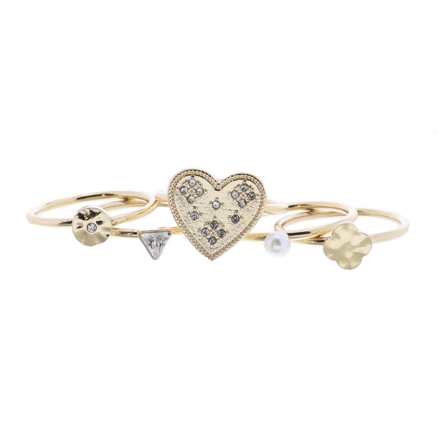 Set of 5, Heart with Crystals and Coordinating Gold Rings