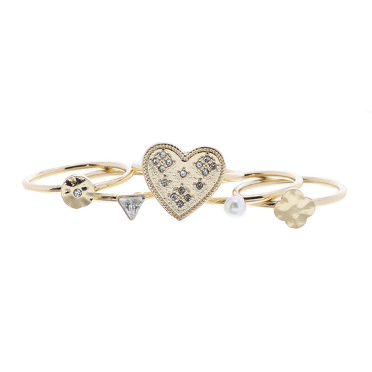 Set of 5, Heart with Crystals and Coordinating Gold Rings