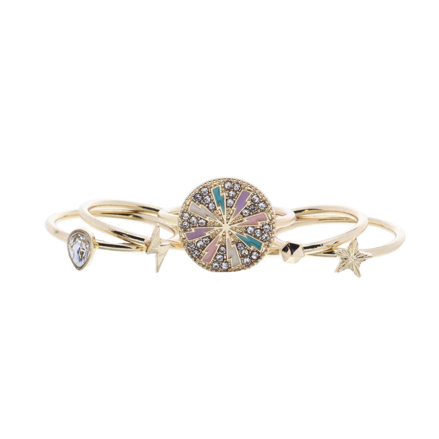 Set of 5, Multi Lightning & Clear Crystals Disc and Coordinating Gold Rings