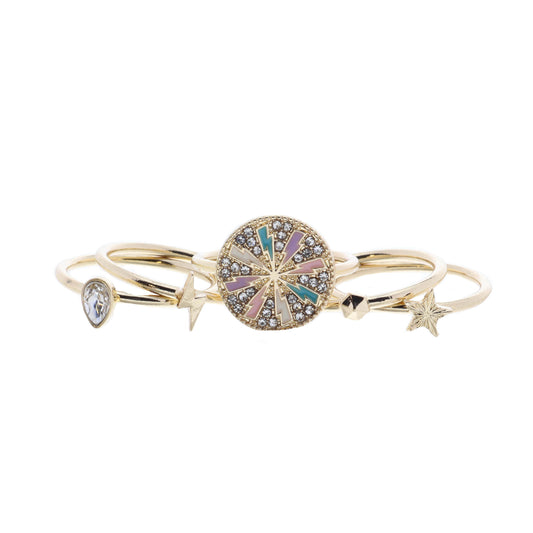 Set of 5, Multi Lightning & Clear Crystals Disc and Coordinating Gold Rings