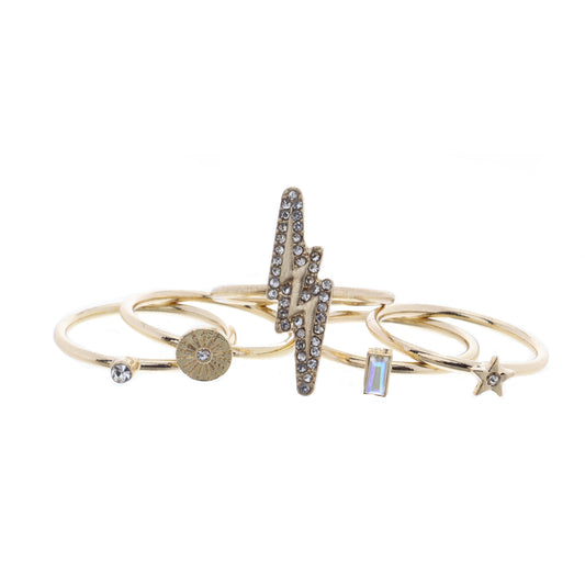 Set of 5, Crystal Lightning Bolt and Coordinating Gold Rings