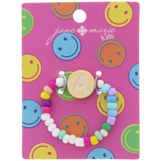 Kids Rainbow Multi Seed Bead Strand and White Enamel "A" Initial on Gold Disc Ring