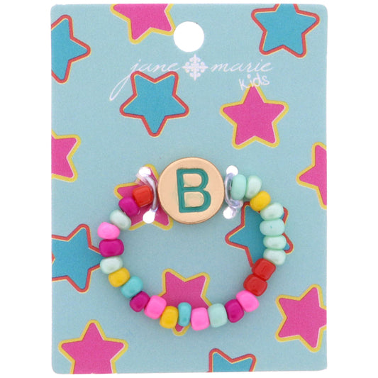 Kids Teal Multi Seed Bead Strand and Teal Enamel "B" Initial on Gold Disc Ring