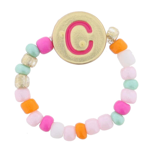 Kids Pink Multi Seed Bead Strand and Hot Pink Enamel "C" Initial on Gold Disc Ring