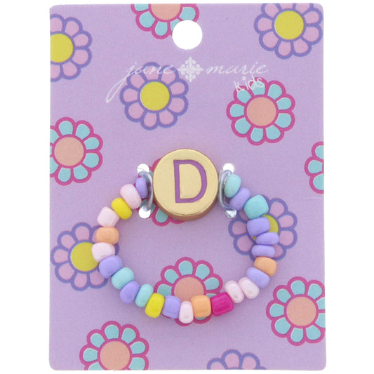 Kids Lavender Multi Seed Bead Strand and Lavender Enamel "D" Initial on Gold Disc Ring