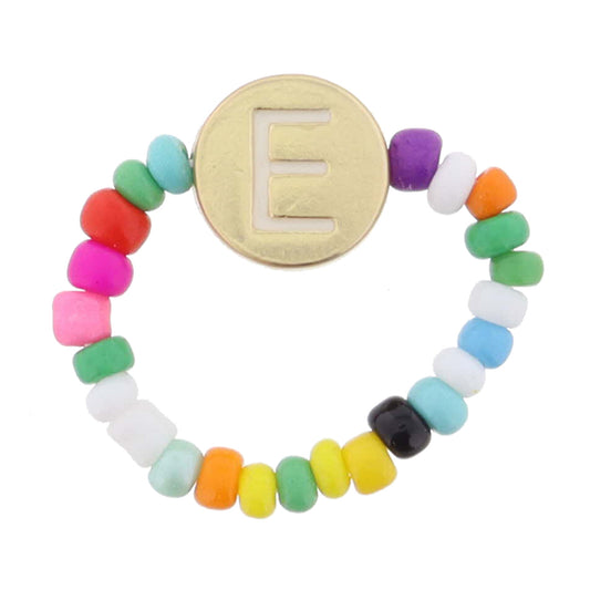 Kids Rainbow Multi Seed Bead Strand and White Enamel "E" Initial on Gold Disc Ring