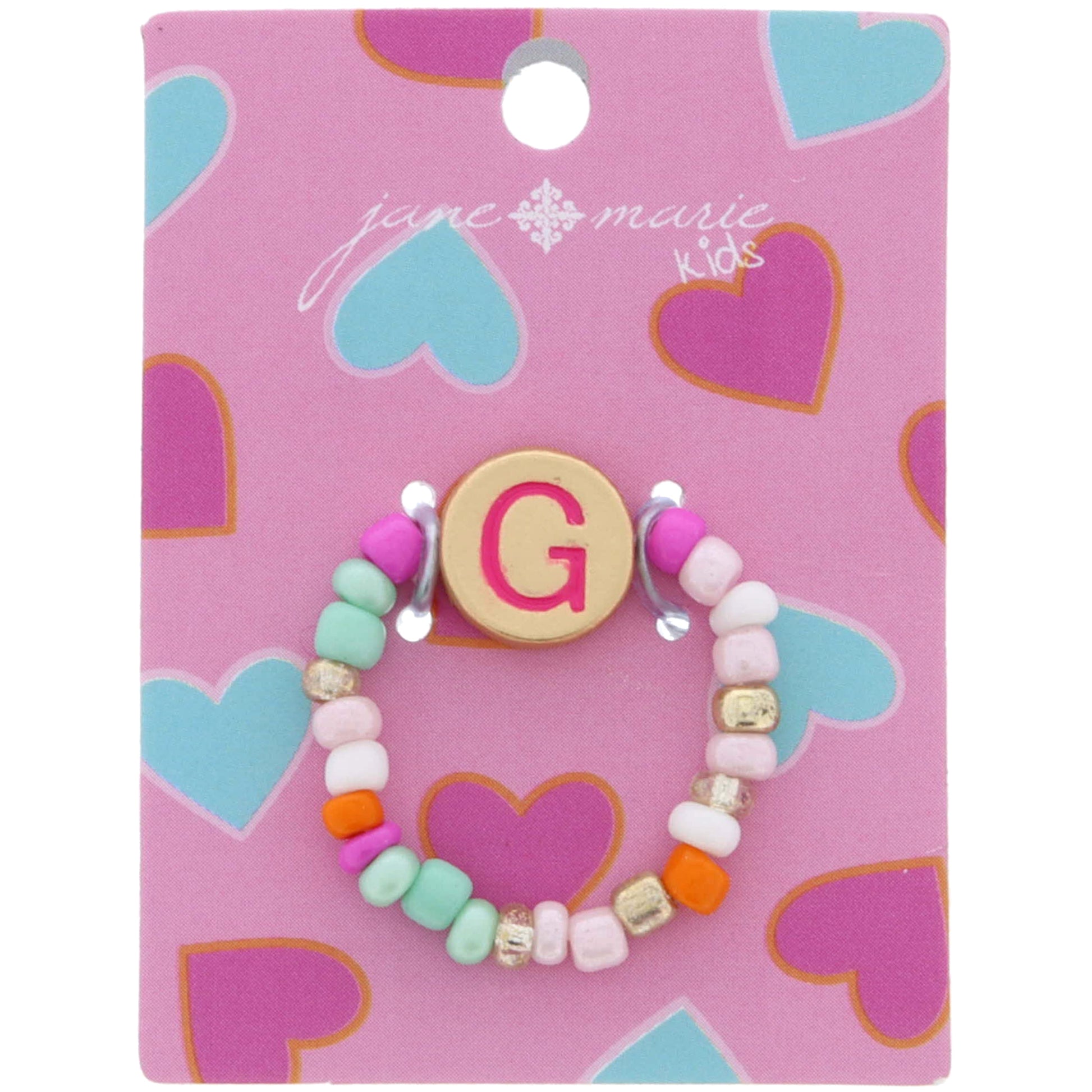 Kids Pink Multi Seed Bead Strand and Hot Pink Enamel "G" Initial on Gold Disc Ring