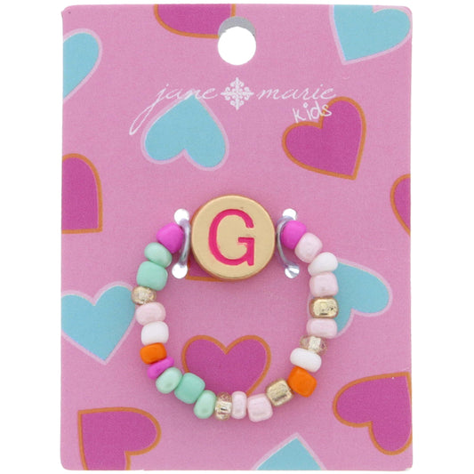 Kids Pink Multi Seed Bead Strand and Hot Pink Enamel "G" Initial on Gold Disc Ring