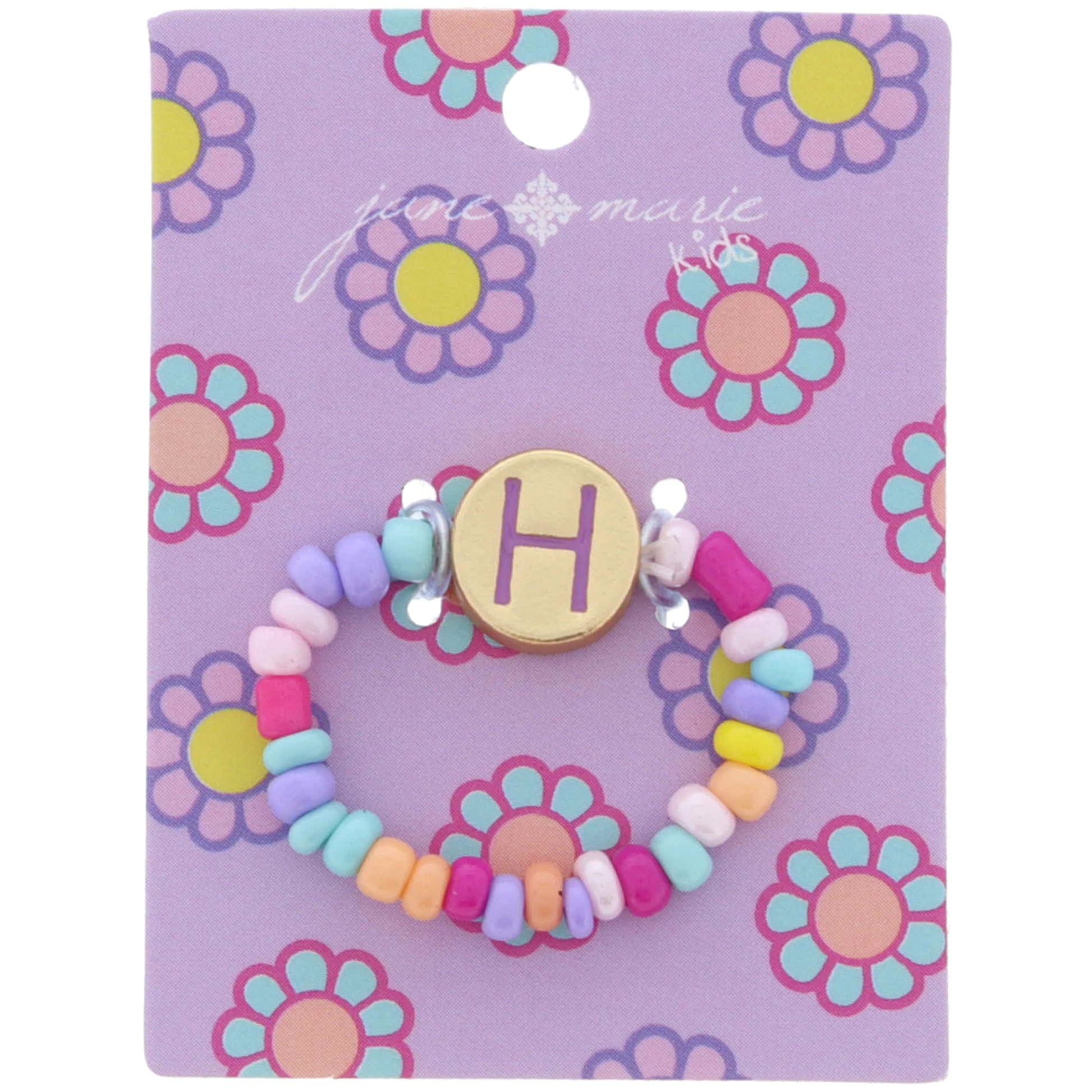 Kids Lavender Multi Seed Bead Strand and Lavender Enamel "H" Initial on Gold Disc Ring