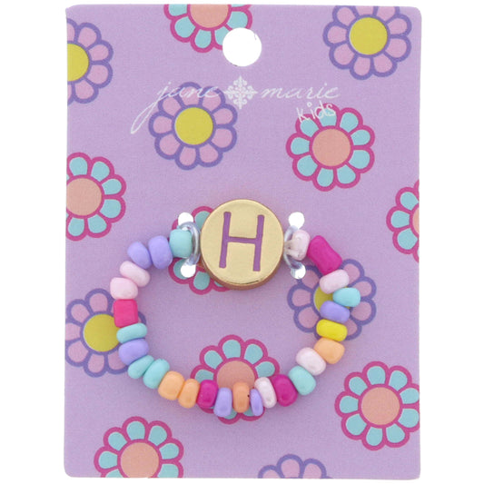Kids Lavender Multi Seed Bead Strand and Lavender Enamel "H" Initial on Gold Disc Ring