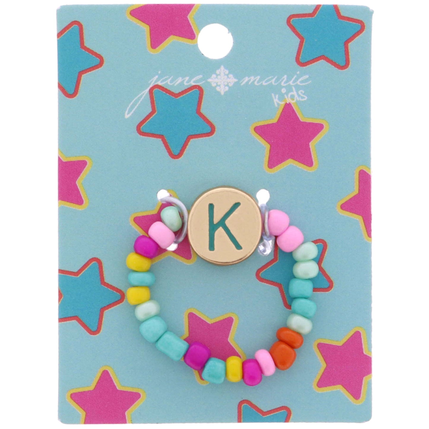 Kids Teal Multi Seed Bead Strand and Teal Enamel "K" Initial on Gold Disc Ring