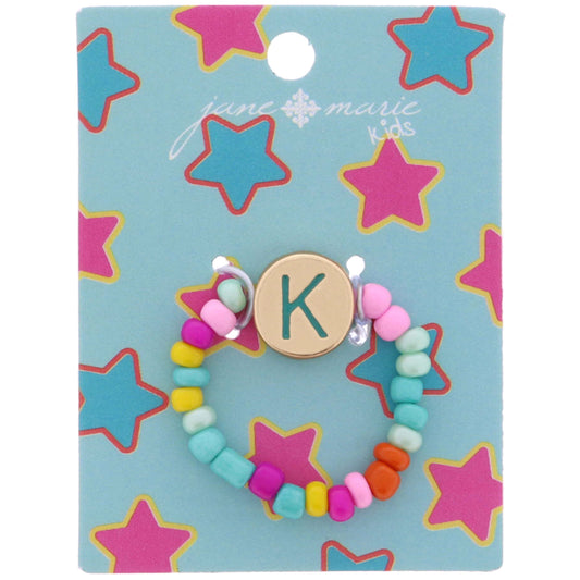 Kids Teal Multi Seed Bead Strand and Teal Enamel "K" Initial on Gold Disc Ring