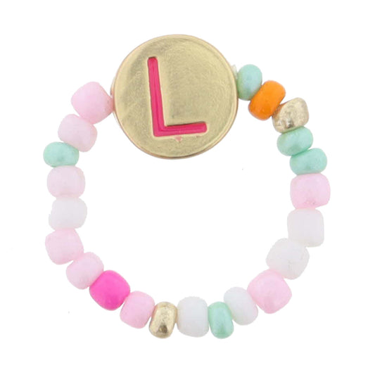 Kids Pink Multi Seed Bead Strand and Hot Pink Enamel "L" Initial on Gold Disc Ring