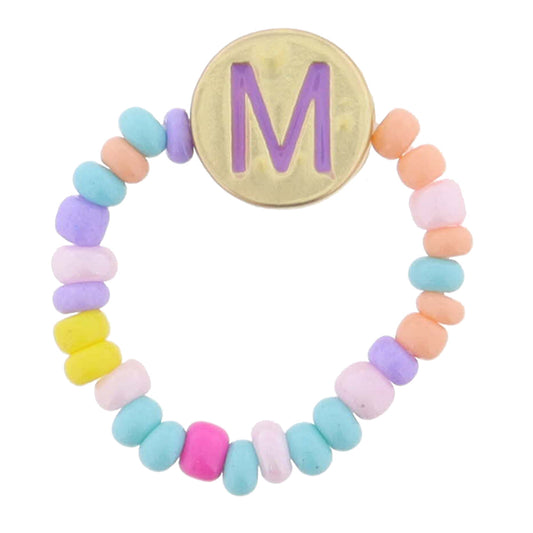 Kids Lavender Multi Seed Bead Strand and Lavender Enamel "M" Initial on Gold Disc Ring