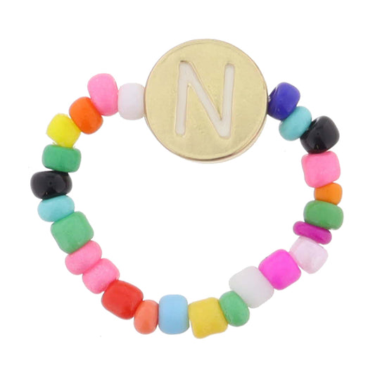 Kids Rainbow Multi Seed Bead Strand and White Enamel "N" Initial on Gold Disc Ring