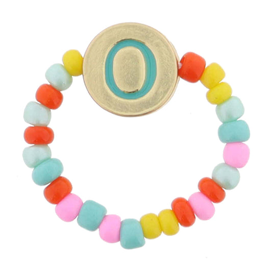 Kids Teal Multi Seed Bead Strand and Teal Enamel "O" Initial on Gold Disc Ring