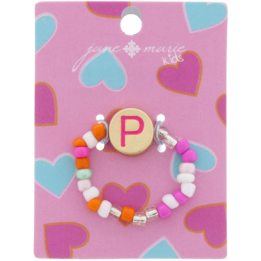 Kids Pink Multi Seed Bead Strand and Hot Pink Enamel "P" Initial on Gold Disc Ring