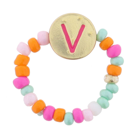 Kids Pink Multi Seed Bead Strand and Hot Pink Enamel "V" Initial on Gold Disc Ring