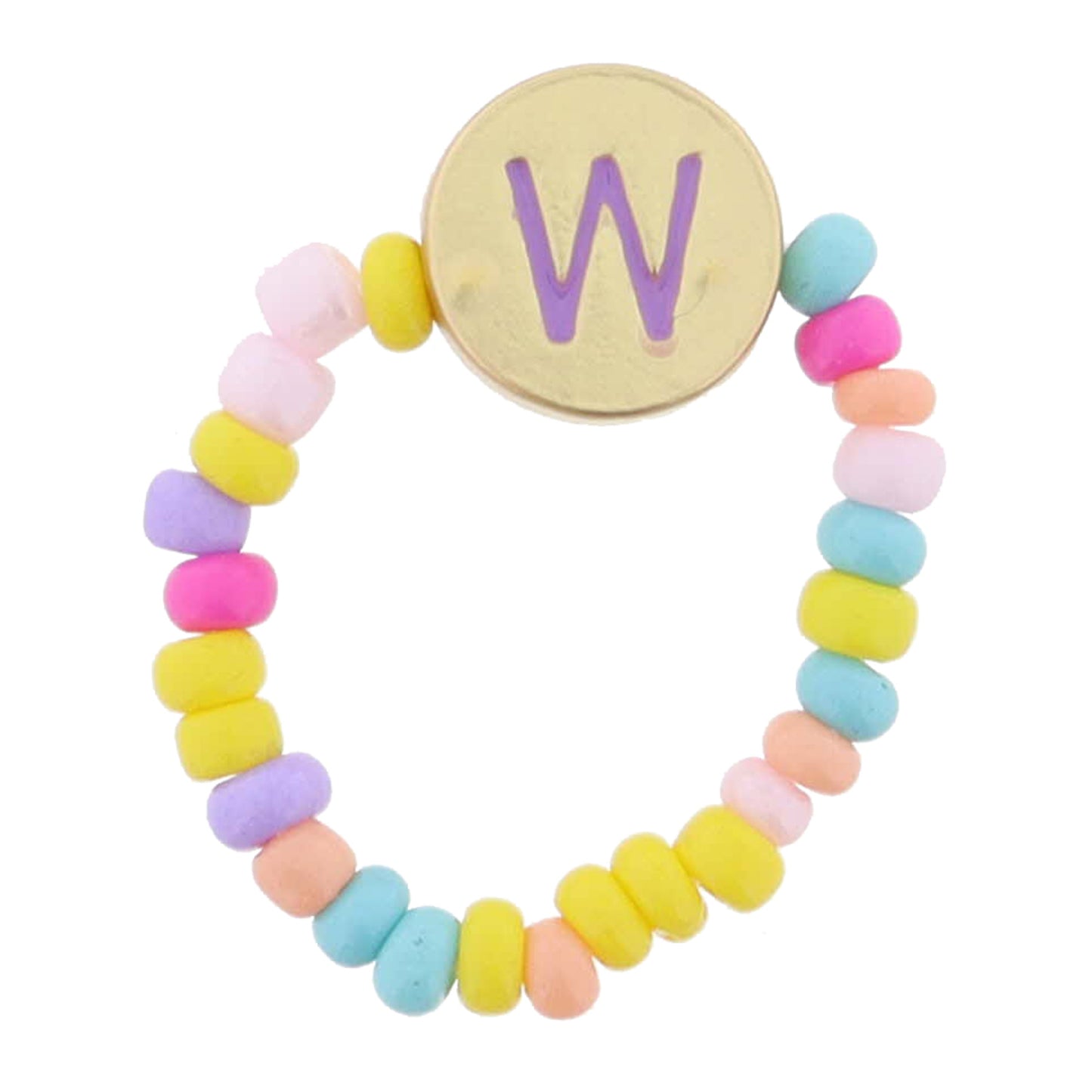 Kids Lavender Multi Seed Bead Strand and Lavender Enamel "W" Initial on Gold Disc Ring
