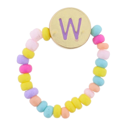 Kids Lavender Multi Seed Bead Strand and Lavender Enamel "W" Initial on Gold Disc Ring