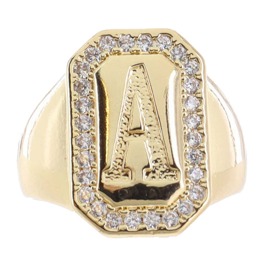 Shiny Gold with Crystal Edged "A" Initial Emerald Signet Ring