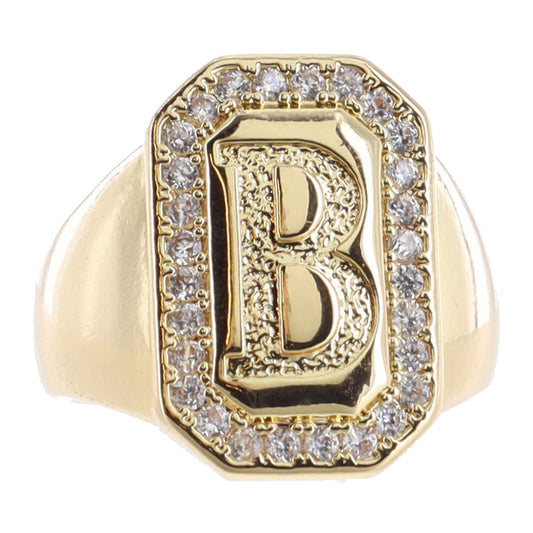 Shiny Gold with Crystal Edged "B" Initial Emerald Signet Ring