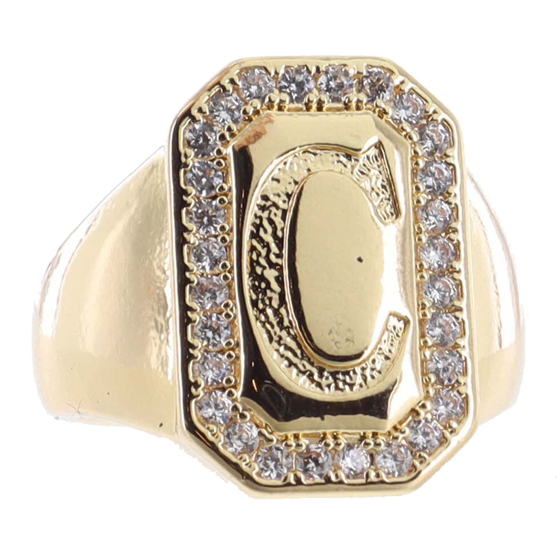 Shiny Gold with Crystal Edged "C" Initial Emerald Signet Ring