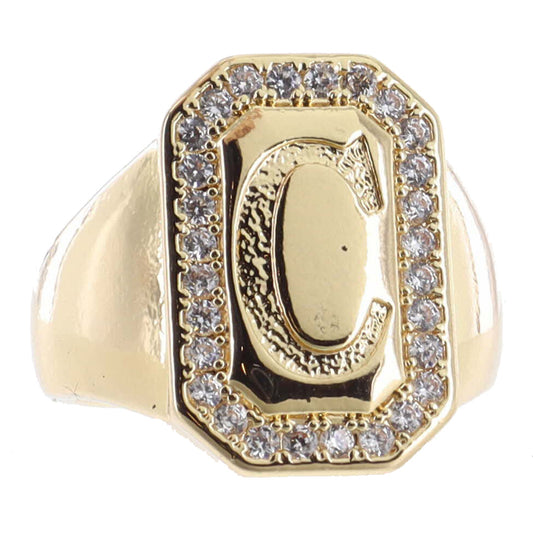 Shiny Gold with Crystal Edged "C" Initial Emerald Signet Ring