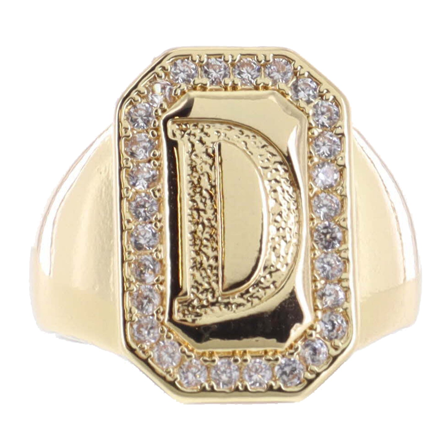 Shiny Gold with Crystal Edged "D" Initial Emerald Signet Ring