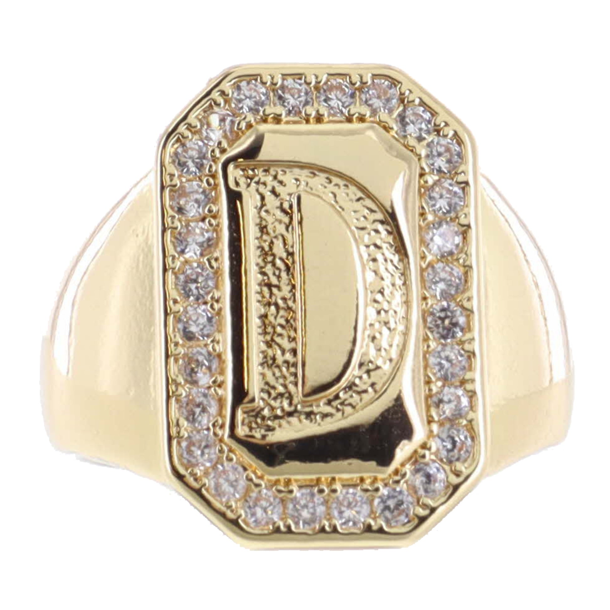 Shiny Gold with Crystal Edged "D" Initial Emerald Signet Ring