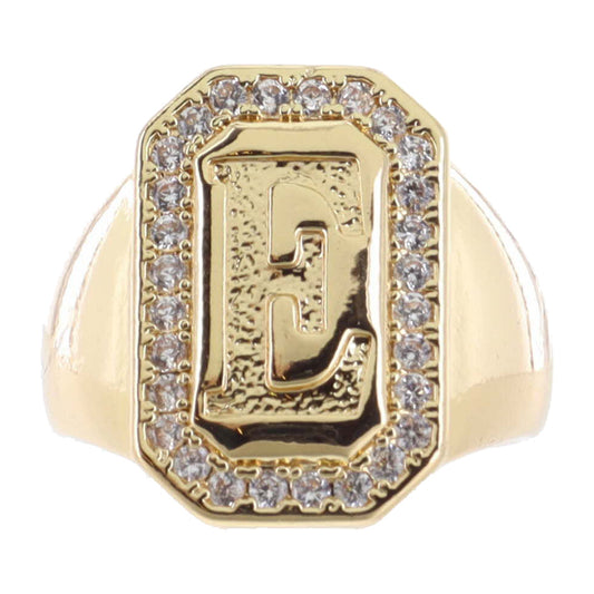 Shiny Gold with Crystal Edged "E" Initial Emerald Signet Ring