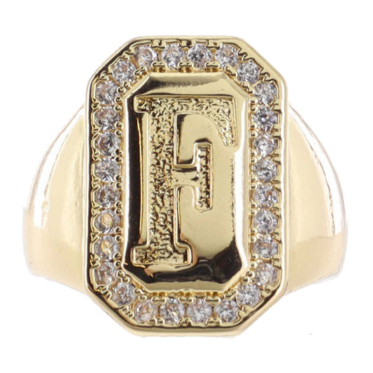 Shiny Gold with Crystal Edged "F" Initial Emerald Signet Ring