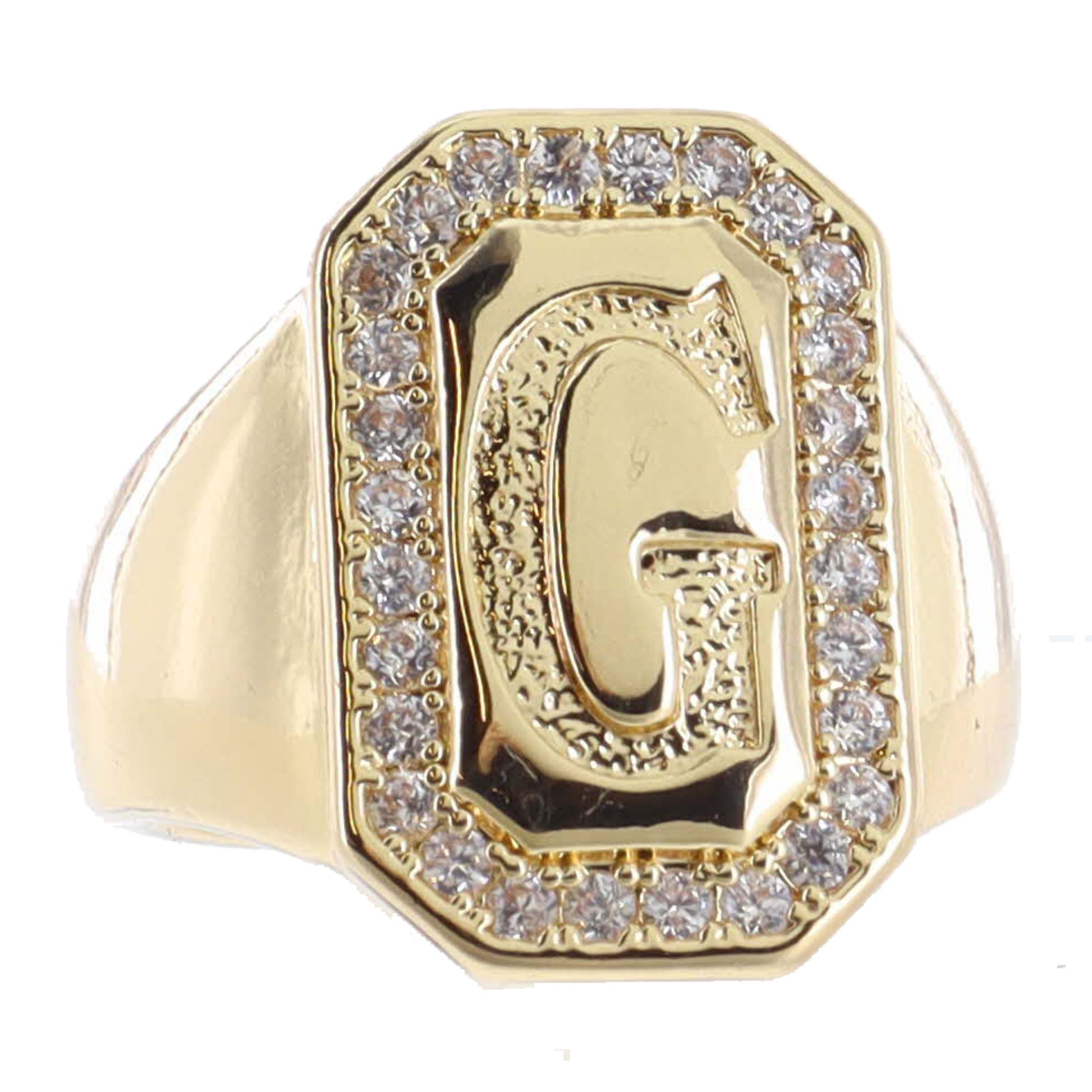 Shiny Gold with Crystal Edged "G" Initial Emerald Signet Ring