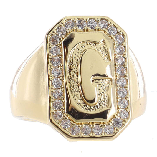 Shiny Gold with Crystal Edged "G" Initial Emerald Signet Ring