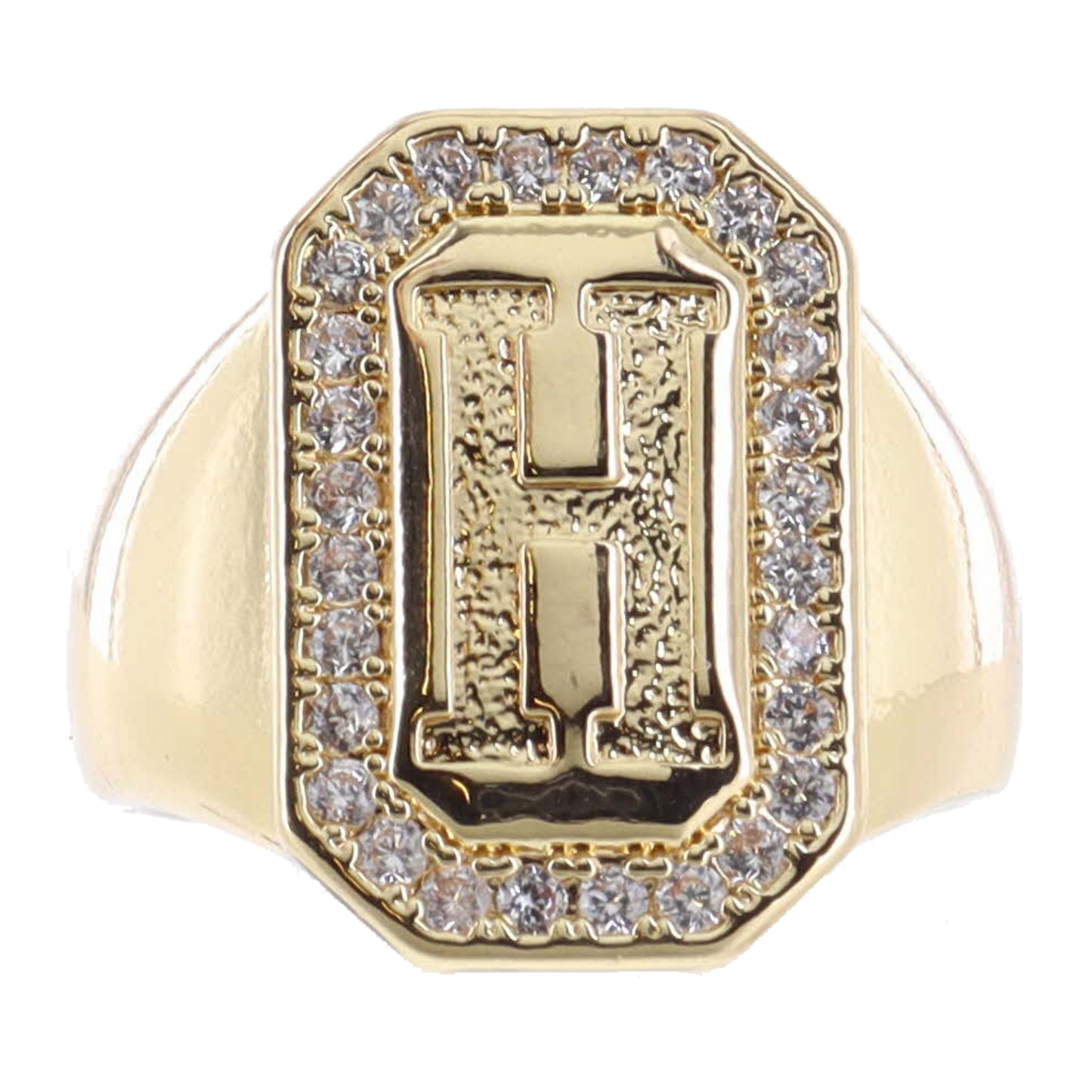 Shiny Gold with Crystal Edged "H" Initial Emerald Signet Ring