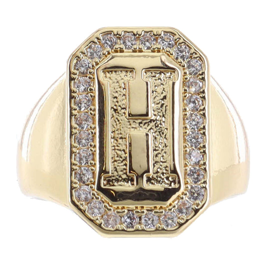 Shiny Gold with Crystal Edged "H" Initial Emerald Signet Ring
