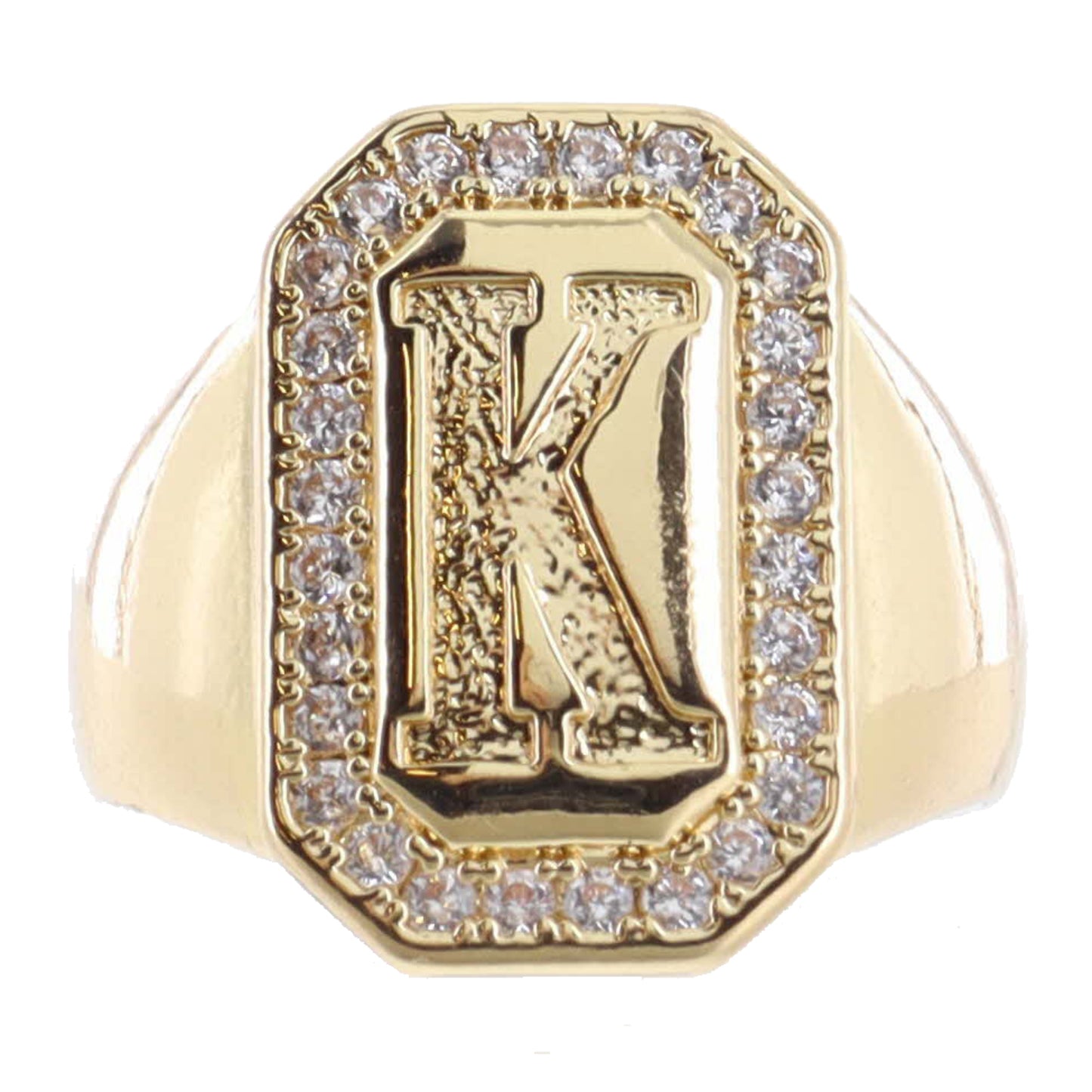 Shiny Gold with Crystal Edged "K" Initial Emerald Signet Ring