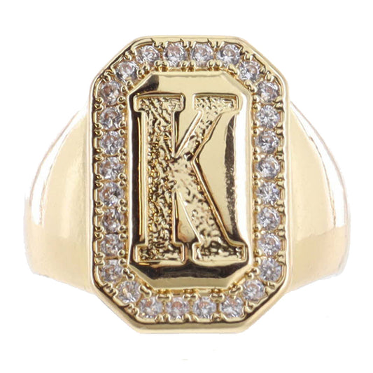 Shiny Gold with Crystal Edged "K" Initial Emerald Signet Ring