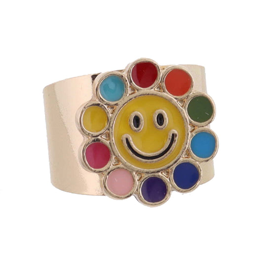 Kids Multi Enamel Happy Face Flower Ring