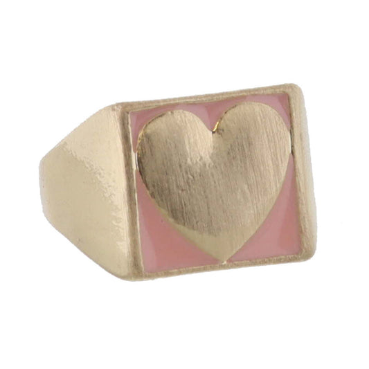 Kids Light Pink Enamel Square with Gold Heart Ring