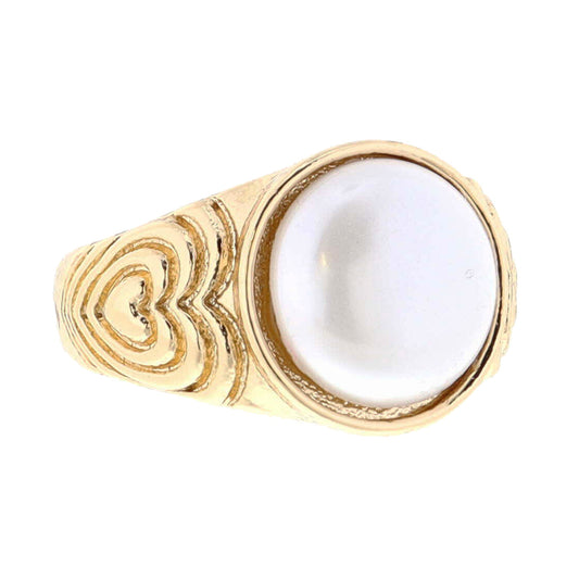 Pearl Circle on Gold Heart Designs Signet Ring