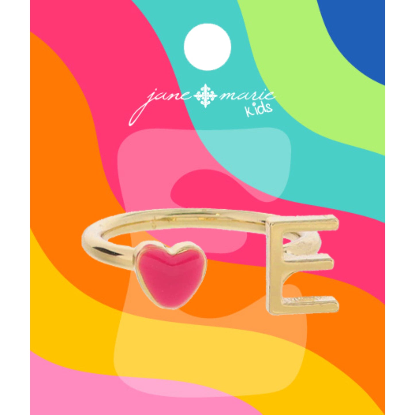 Kids Open Band with Pink Enamel Heart and Gold "E" Initial Ring, .25", .35" Icons