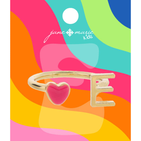 Kids Open Band with Pink Enamel Heart and Gold "E" Initial Ring, .25", .35" Icons