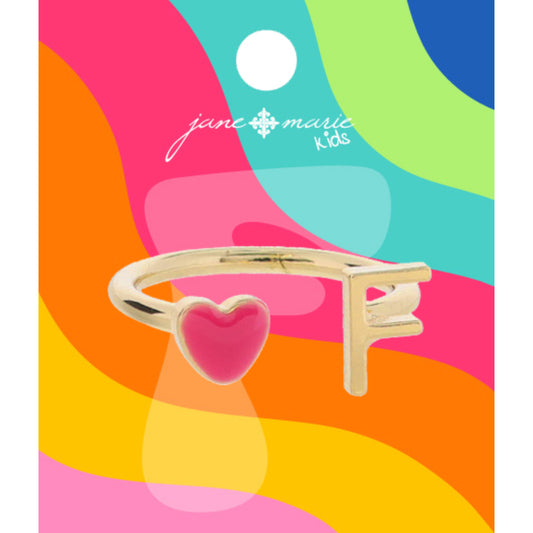Kids Open Band with Pink Enamel Heart and Gold "F" Initial Ring, .25", .35" Icons