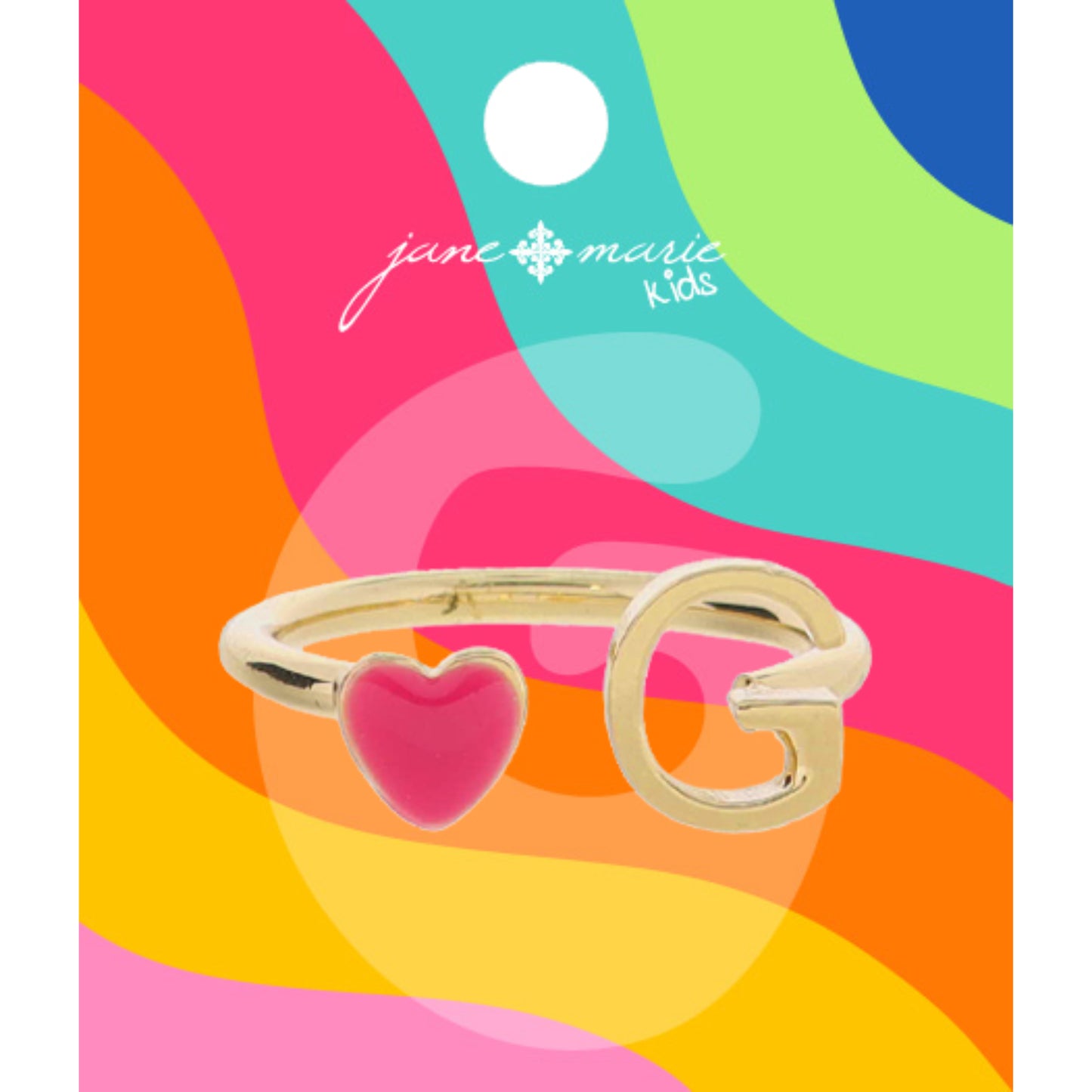 Kids Open Band with Pink Enamel Heart and Gold "G" Initial Ring, .25", .35" Icons