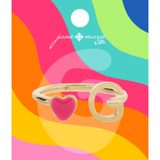 Kids Open Band with Pink Enamel Heart and Gold "G" Initial Ring, .25", .35" Icons